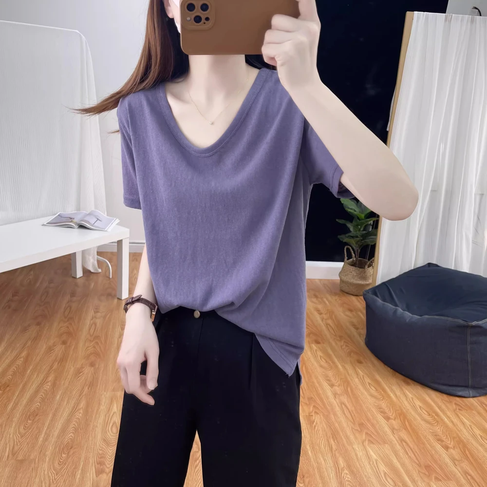 短袖时髦白色t恤女夏季新款宽松纯色打底衫透气V领薄款体恤上衣