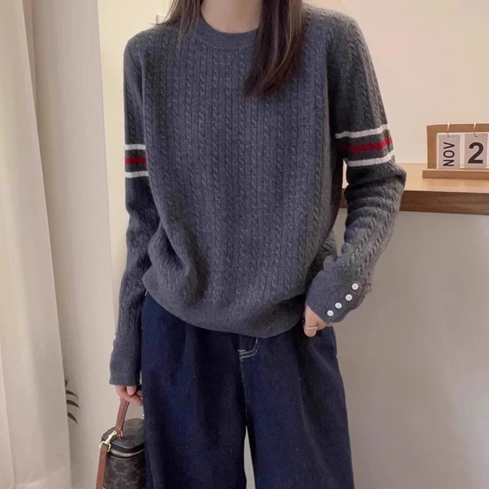秋冬新款条纹麻花毛衣打底衫女韩版小众气质圆领套头针织衫上衣潮