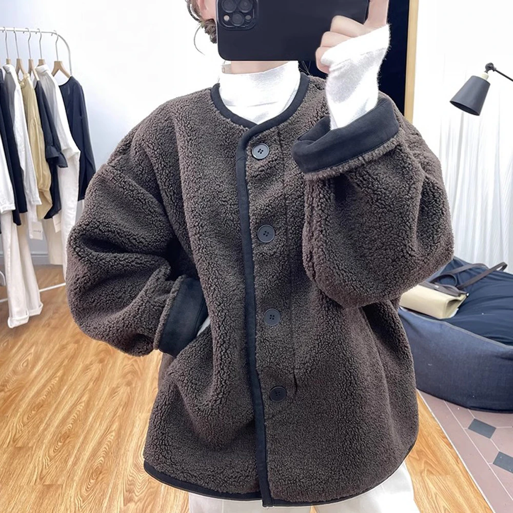 秋冬新款皮毛一体拼接仿羊羔绒外套女韩版宽松加厚慵懒风开衫上衣