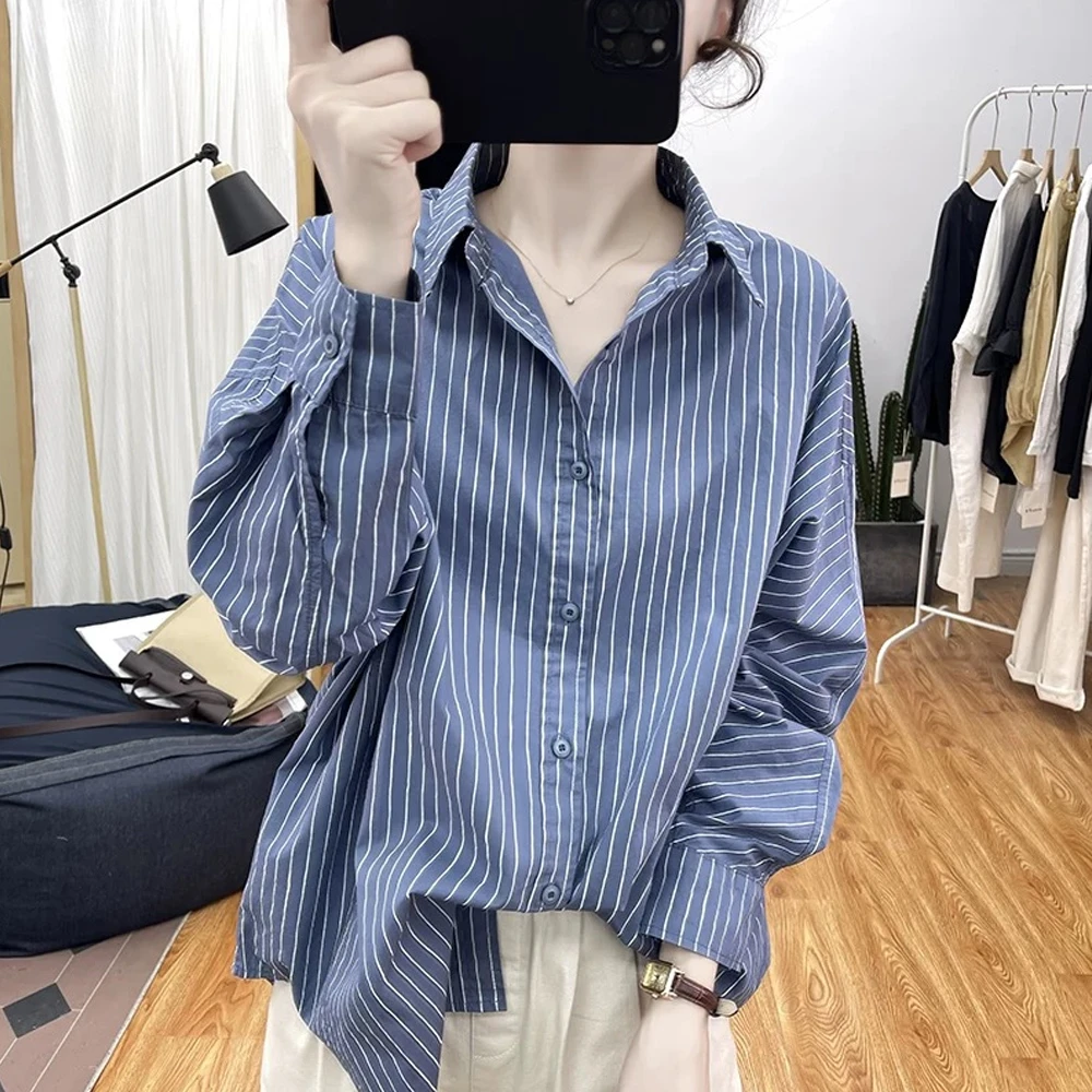 时尚条纹长袖衬衫女设计感蝙蝠袖纯棉宽松春秋新款休闲polo领衬衣