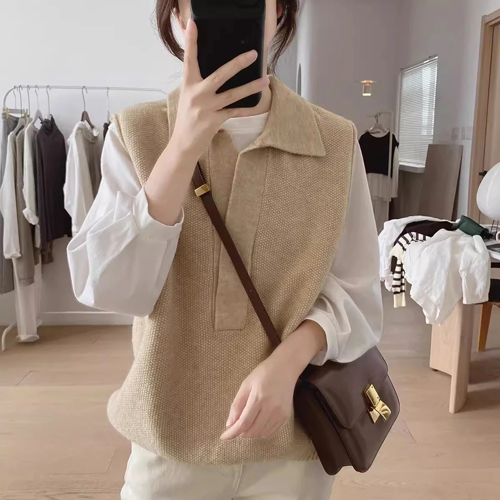 日系减龄polo领针织衫马夹女春秋新款宽松显瘦无袖设计感背心毛衣
