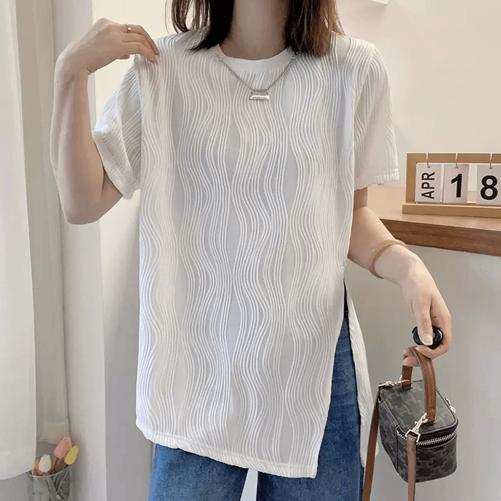 伊抚琴 设计感波浪纹理开叉短袖t恤女夏季韩版宽松显瘦中长款圆领上衣潮
