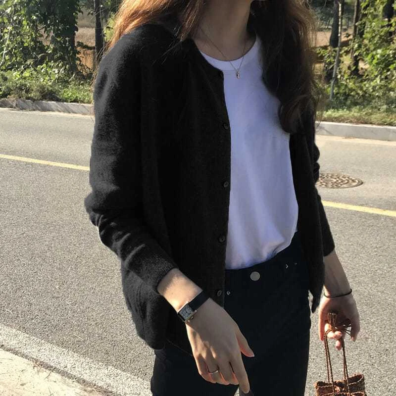 黑色针织开衫慵懒风毛针织衫春秋新款外套短款毛衣女装上衣加厚冬