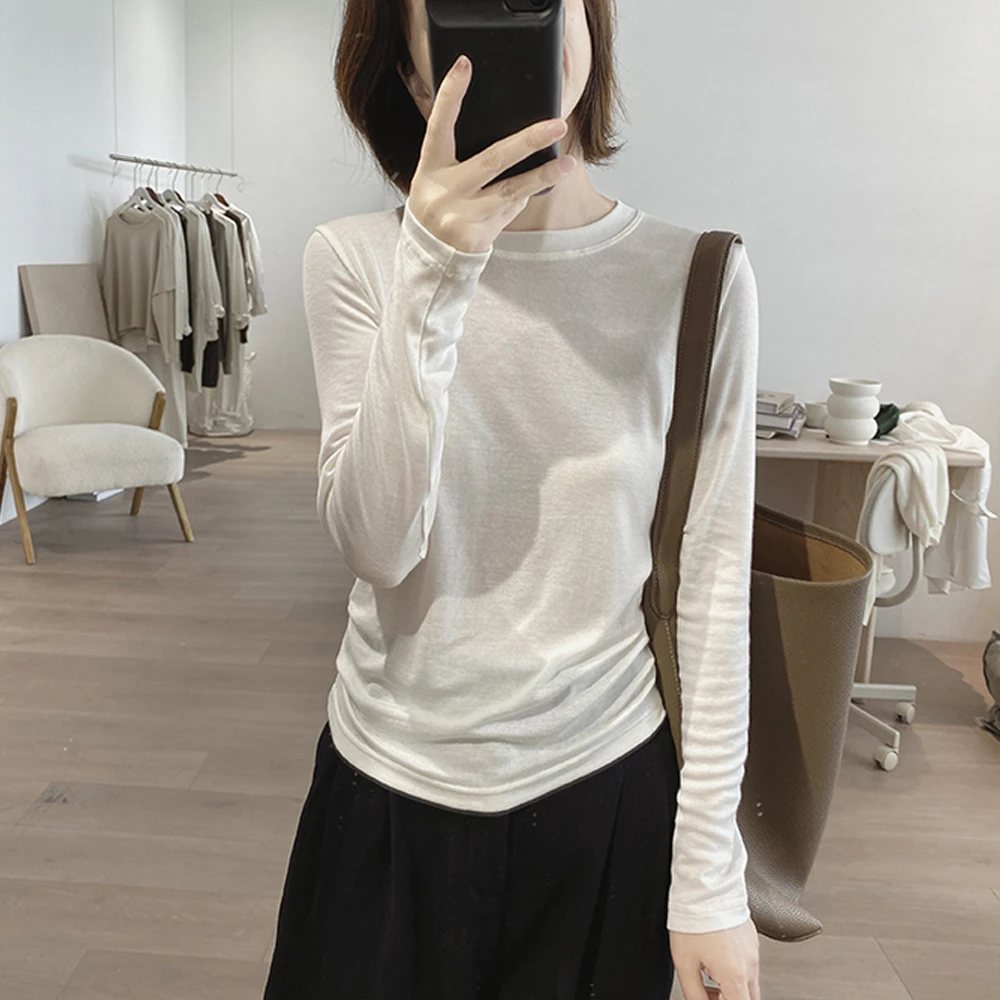 圆领t恤女式春秋新款韩版简约基础款打底衫长袖减龄显瘦棉质上衣