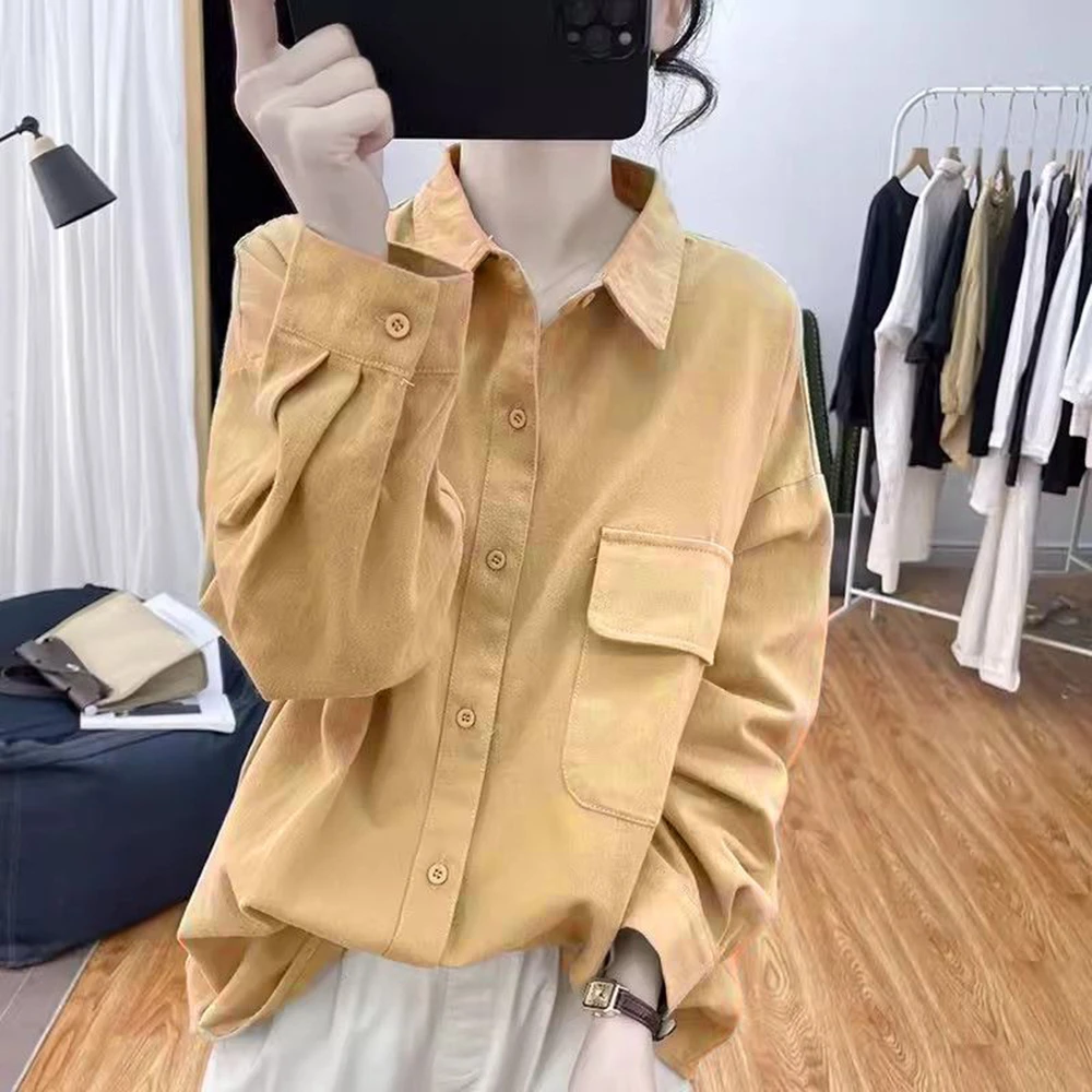 早秋设计感宽松百搭纯棉长袖衬衫女宽松上衣2025新款polo领衬衣