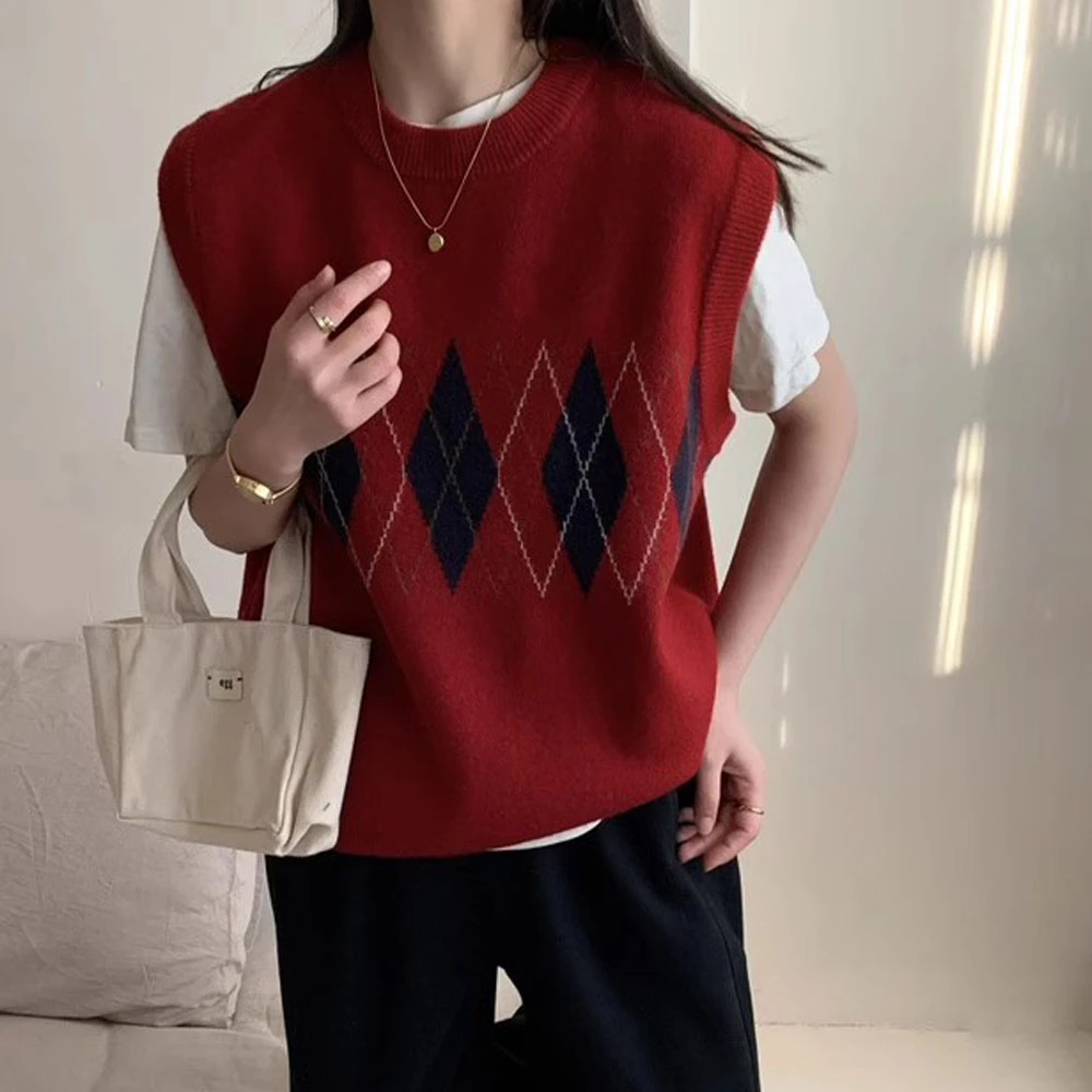 气质通勤简约风圆领马甲背心女春秋新款菱格洋气针织叠穿坎肩上衣