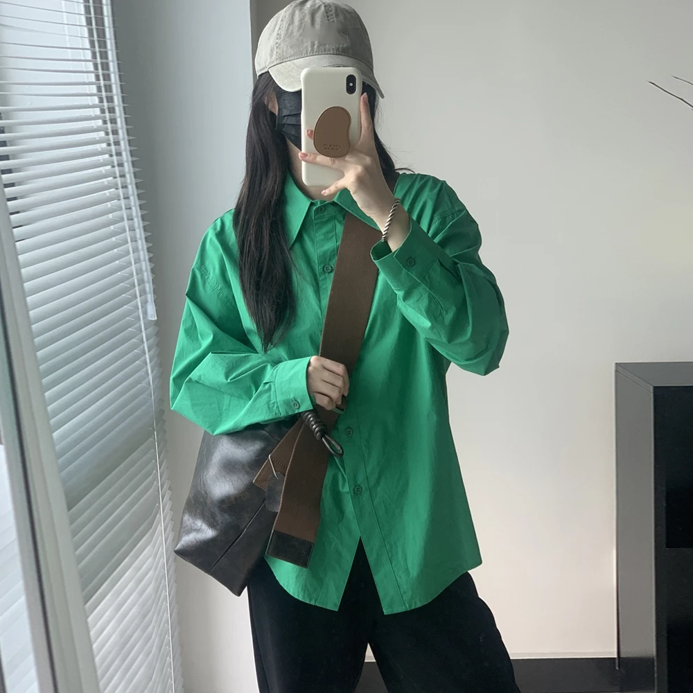 纯棉POLO领长袖衬衫女春秋新款纯色复古宽松设计感休闲港风上衣潮