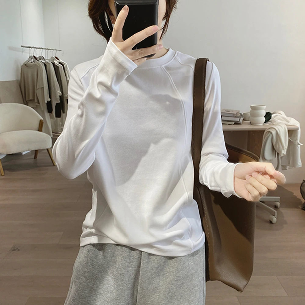 秋冬新款双面德绒圆领插肩袖T恤女修身显瘦简约长袖打底衫上衣潮