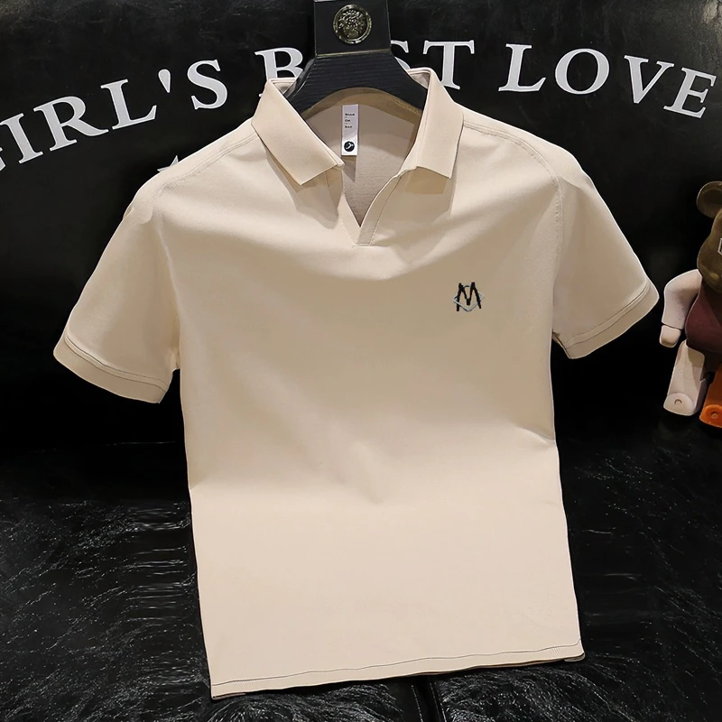 欧货夏季新款高端刺绣字母修身V领POLO衫时尚百搭休闲短袖半袖男