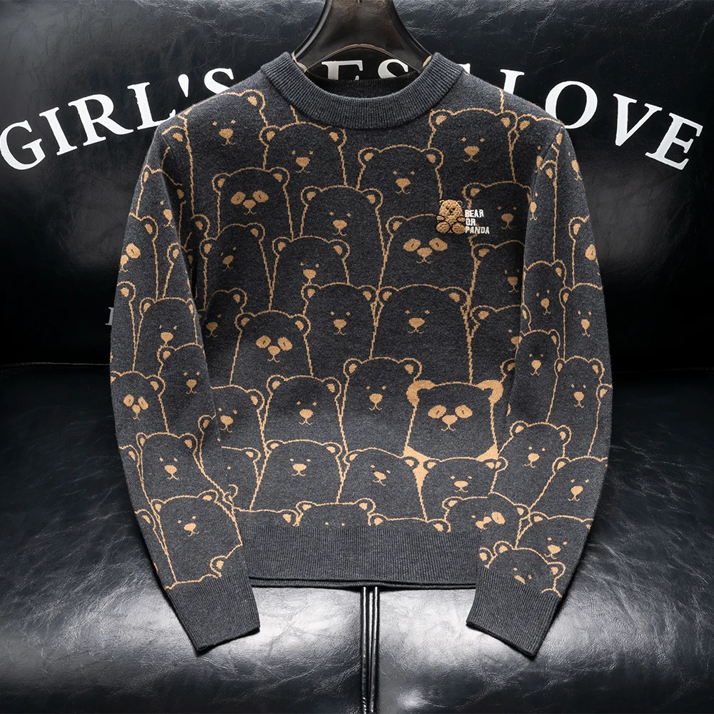 欧货潮牌提花圆领毛衣男士小众设计感秋季新品时尚修身男装针织衫