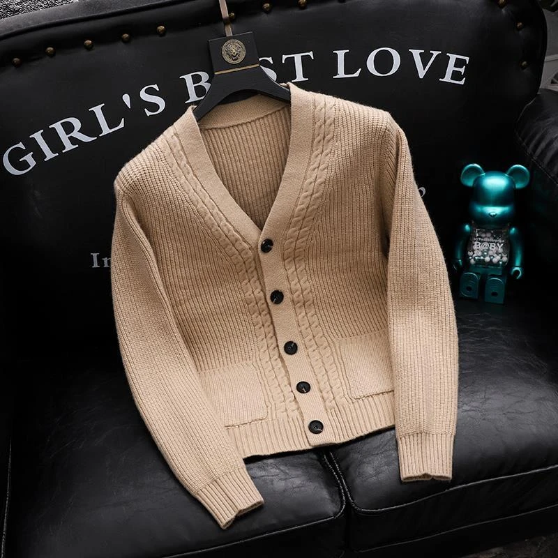 欧货秋冬新款重磅开衫毛衣男士修身V领加厚保暖时尚休闲针织衫男