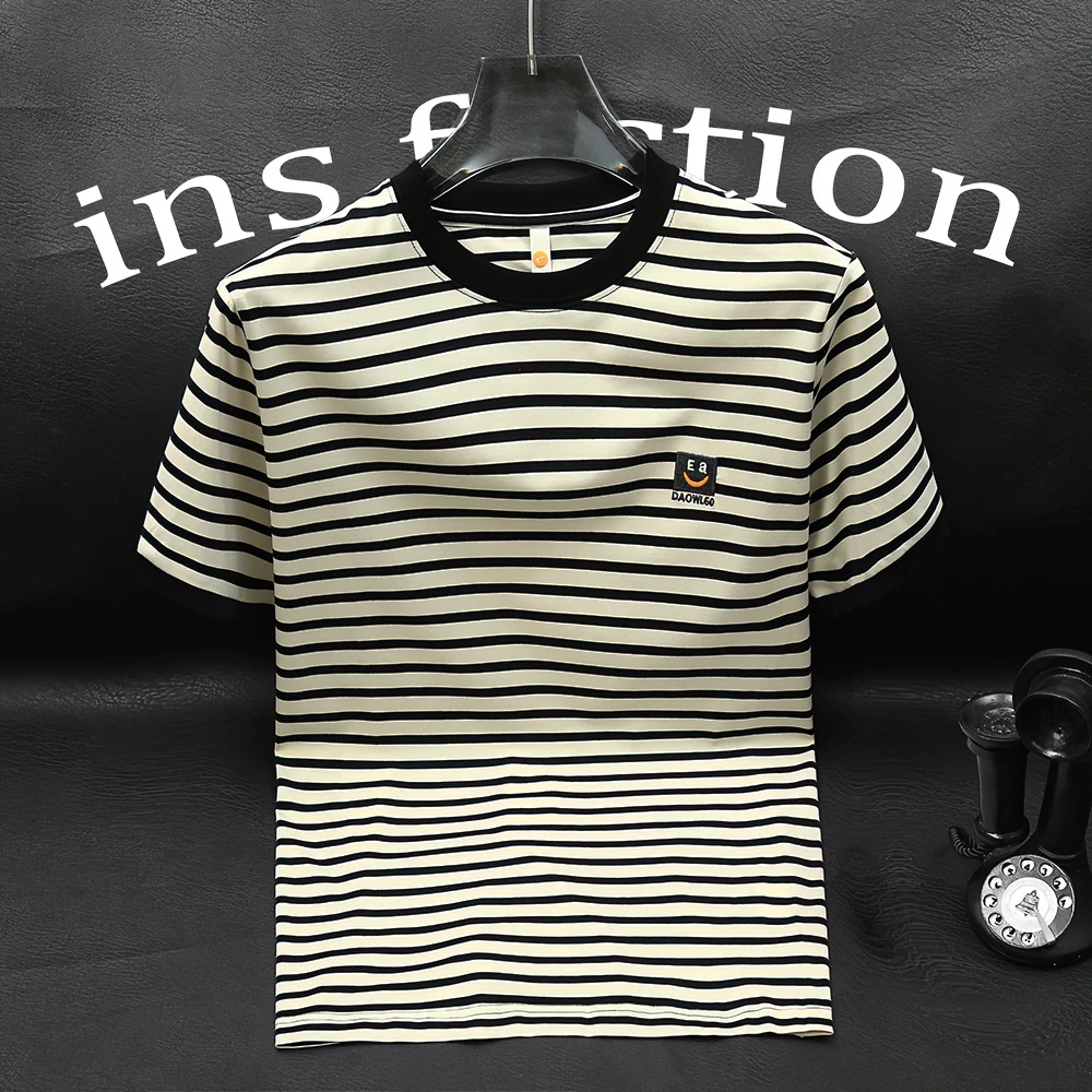 欧货夏季新款高端潮流男条纹海魂衫圆领短袖T恤绣标青年休闲半袖