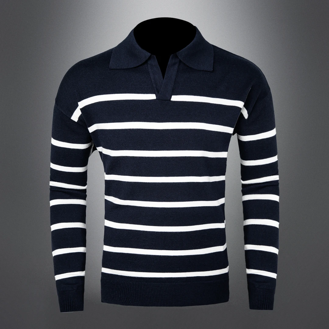 欧洲站秋冬季轻奢经典条纹翻领针织衫宽松大码青年商务风毛衣男装