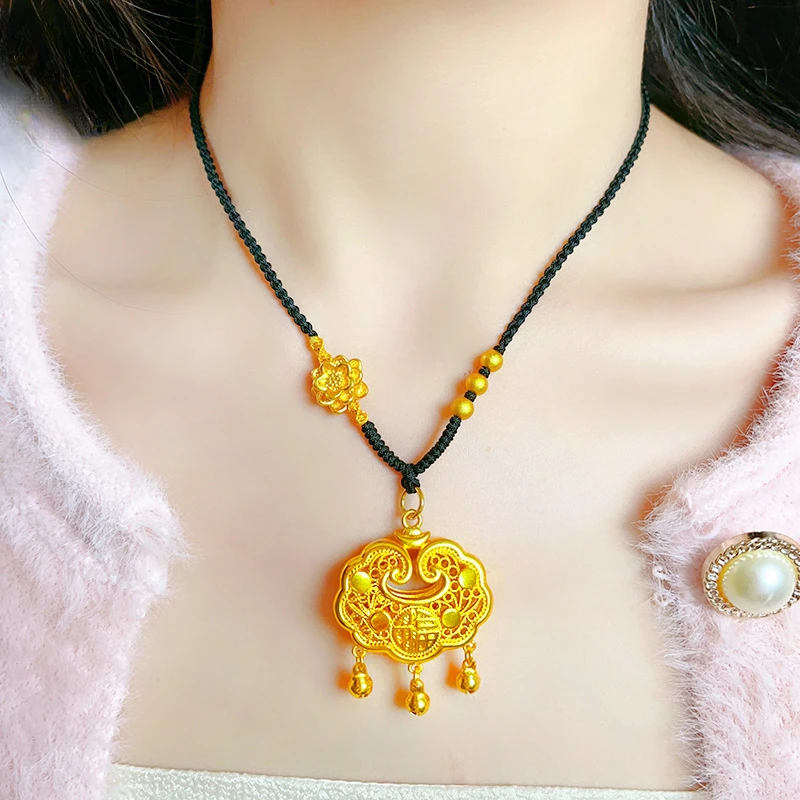 铜合金项链 直播同价福字锁吊坠项链莲花绳编绳蛇年送宝宝礼物