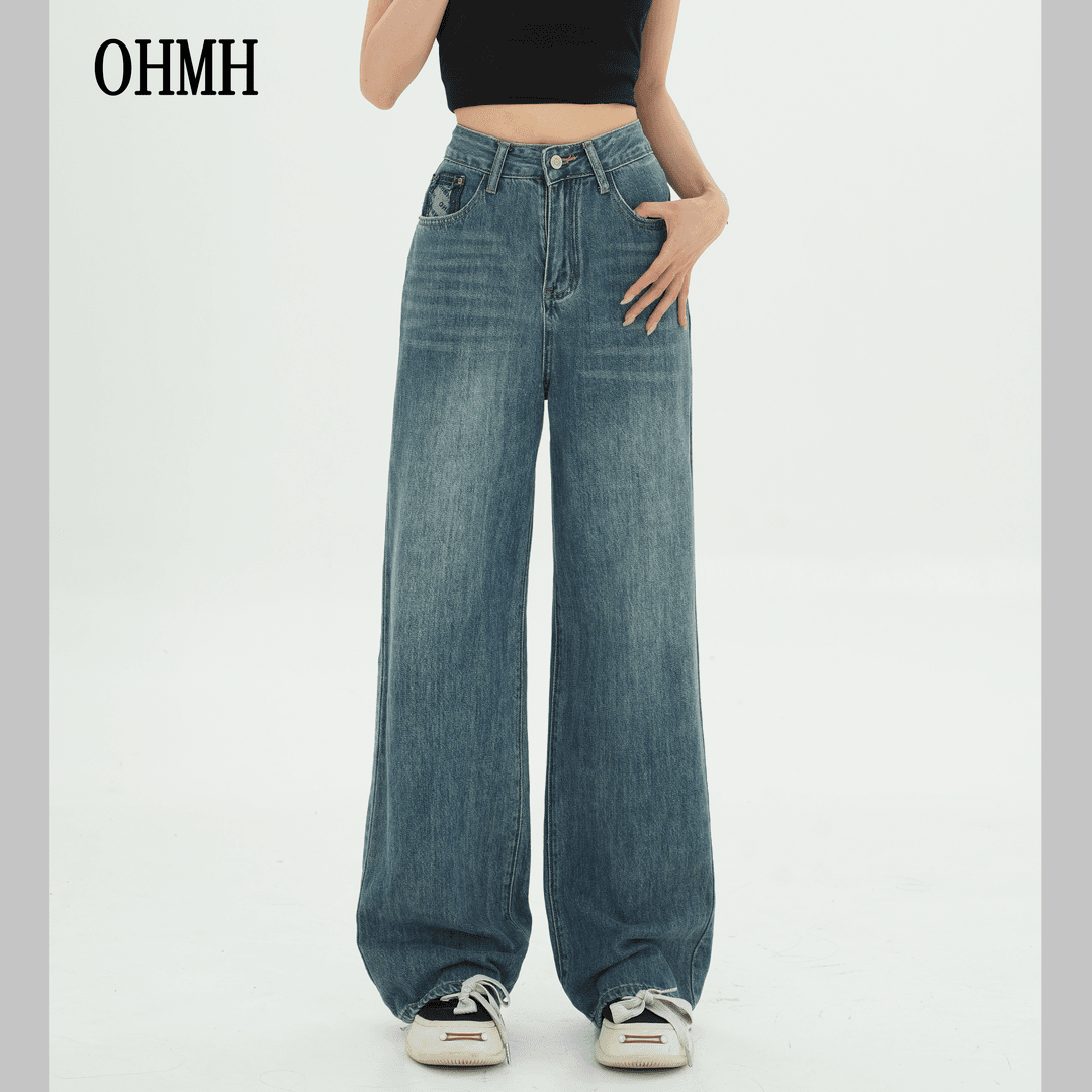 OHMH718做旧休闲牛仔裤印花阔腿裤宽松拖地垂感直筒牛仔裤子长裤