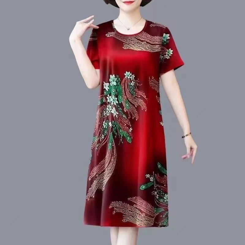 宽松夏季妈妈装连衣裙冰丝凉感新款大码遮肚显瘦时尚洋气过膝长裙