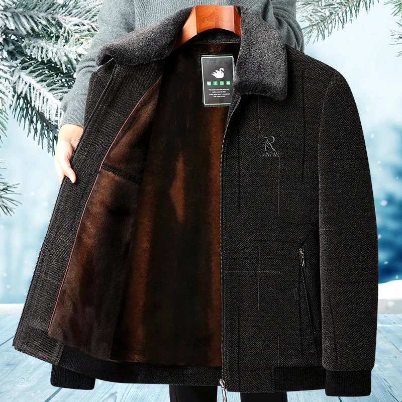 爸爸男士加绒外套中老年冬季雪尼尔毛呢大衣老人宽松加厚保暖棉衣