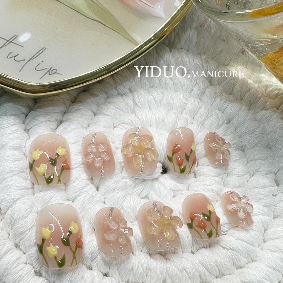 （364）手绘郁金香唯美清新短方纯手工穿戴甲