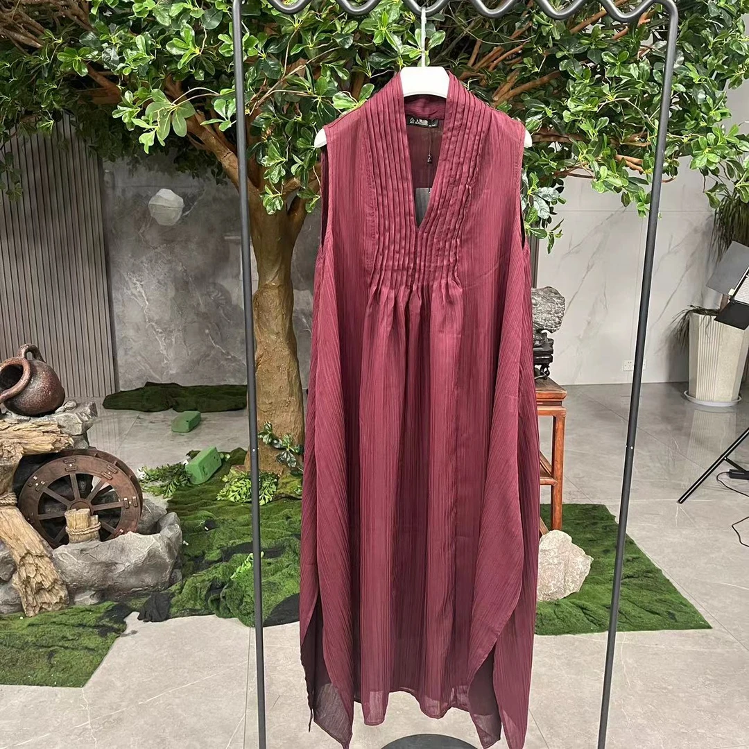 RFY23438紫红色 V领褶皱无袖连衣裙438
