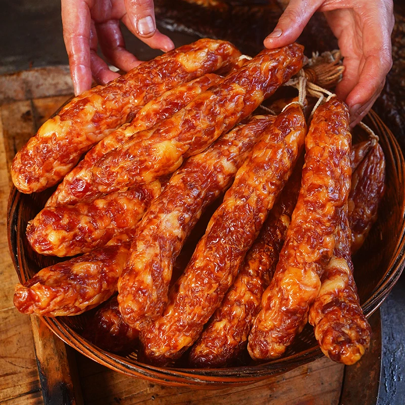 【原味香肠直播现称】湖南风味柴火米糠烟熏腊香肠手工纯猪肉