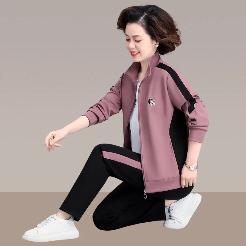 中年妈妈运动服套装女洋气秋装外套2024新款中老年女士春秋三件套