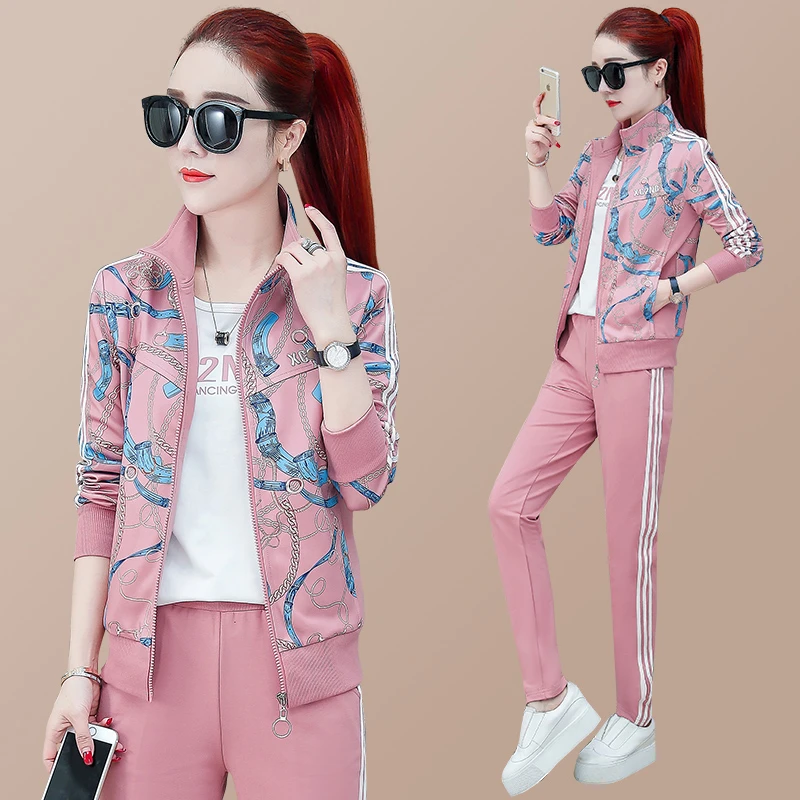 运动服套装女春秋2025新款时尚韩版女士洋气印花色休闲跑步三件套