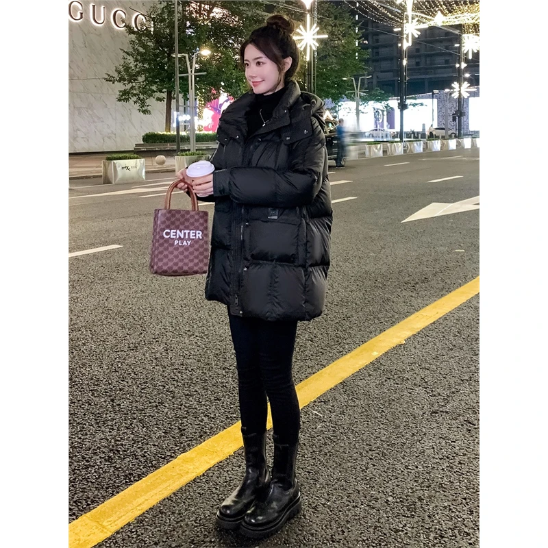 中长款羽绒服女士冬季2025新款黑色休闲宽松加厚90白鸭绒保暖外套