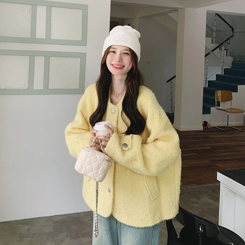 黄色圈圈呢外套女冬2025新款爆款韩版宽松保暖小个子甜美毛呢上衣