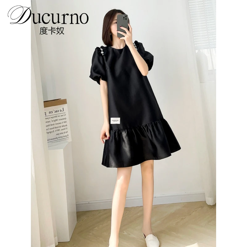 大码圆领泡泡袖连衣裙女2025新款夏季气质减龄荷叶边宽松遮肉短裙