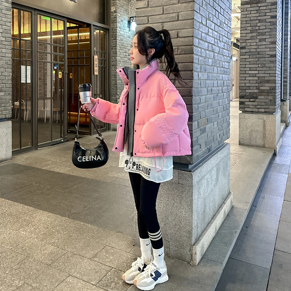 立领粉色羽绒服女小个子2025冬季新款时尚短款面包服加厚保暖外套