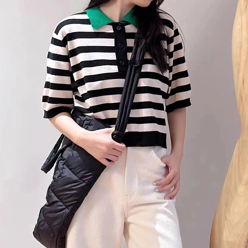 凯特丝蓓1228#夏季新款显瘦条纹撞色短袖翻领套头针织衫1-353