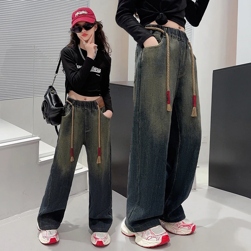 女童牛仔裤阔腿裤秋冬款儿童加绒裤子春秋中大童冬季休闲长裤宽松