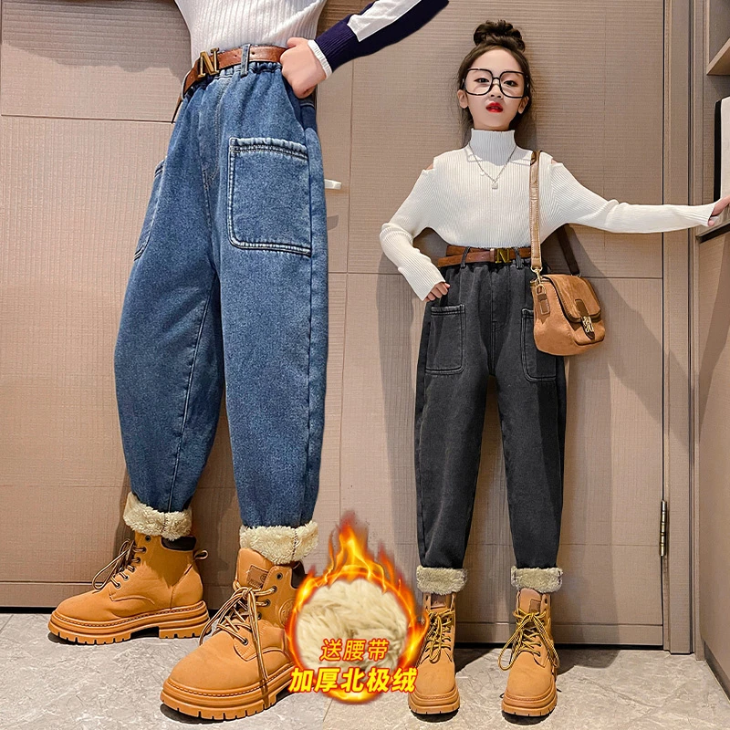 女童牛仔裤秋冬款儿童加绒加厚休闲裤子外穿冬装保暖长裤大童冬季