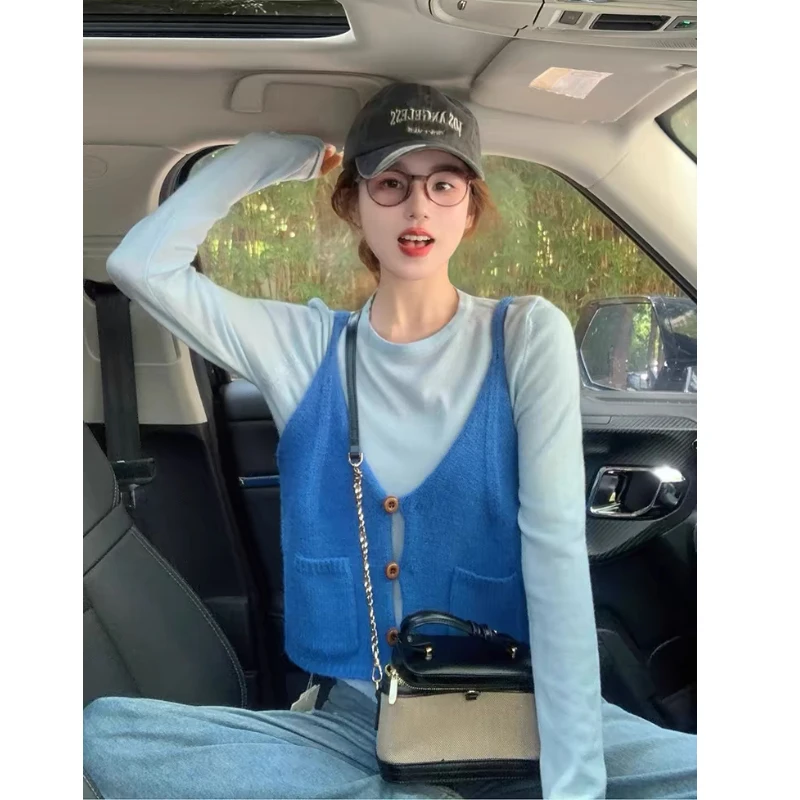 Z1130克莱因蓝两件套装长袖上衣气质针织衫女设计感高级感毛衣女