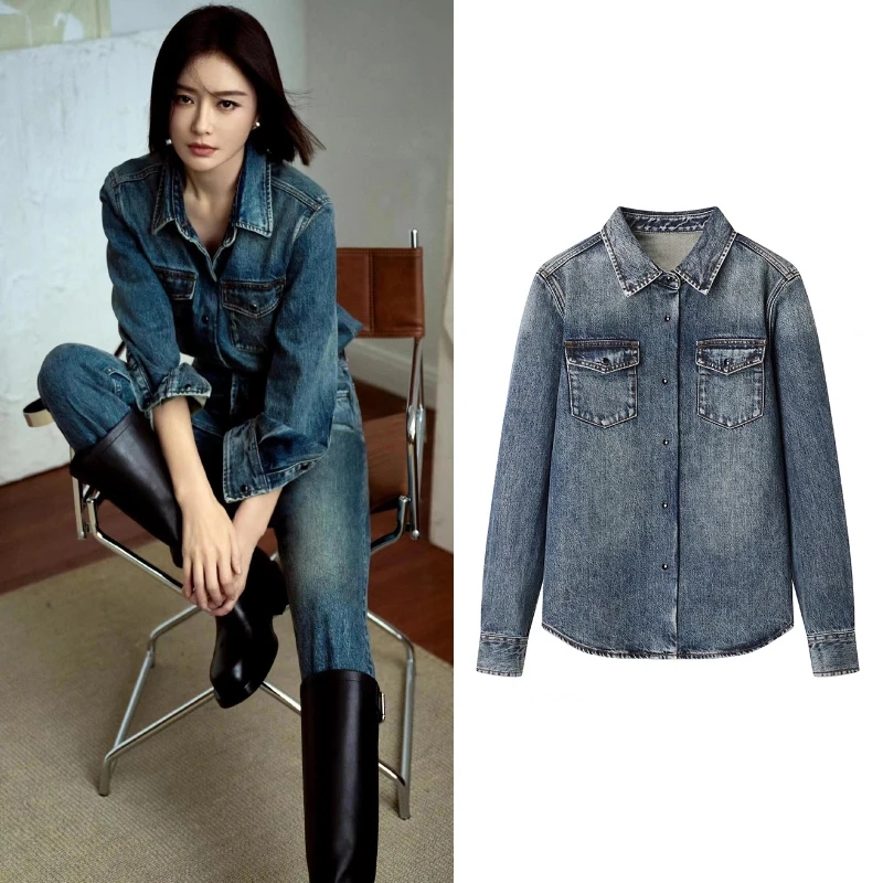 1071【M】商场同款牛仔衬衫2025年春季新品重工洗磨翻领复古衬衫女