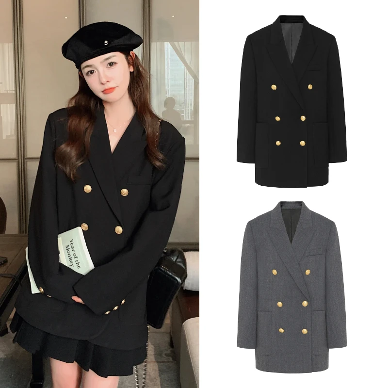 8120【M】春复古双排金扣宽肩风权力西装时尚外套休闲女士气质轻奢