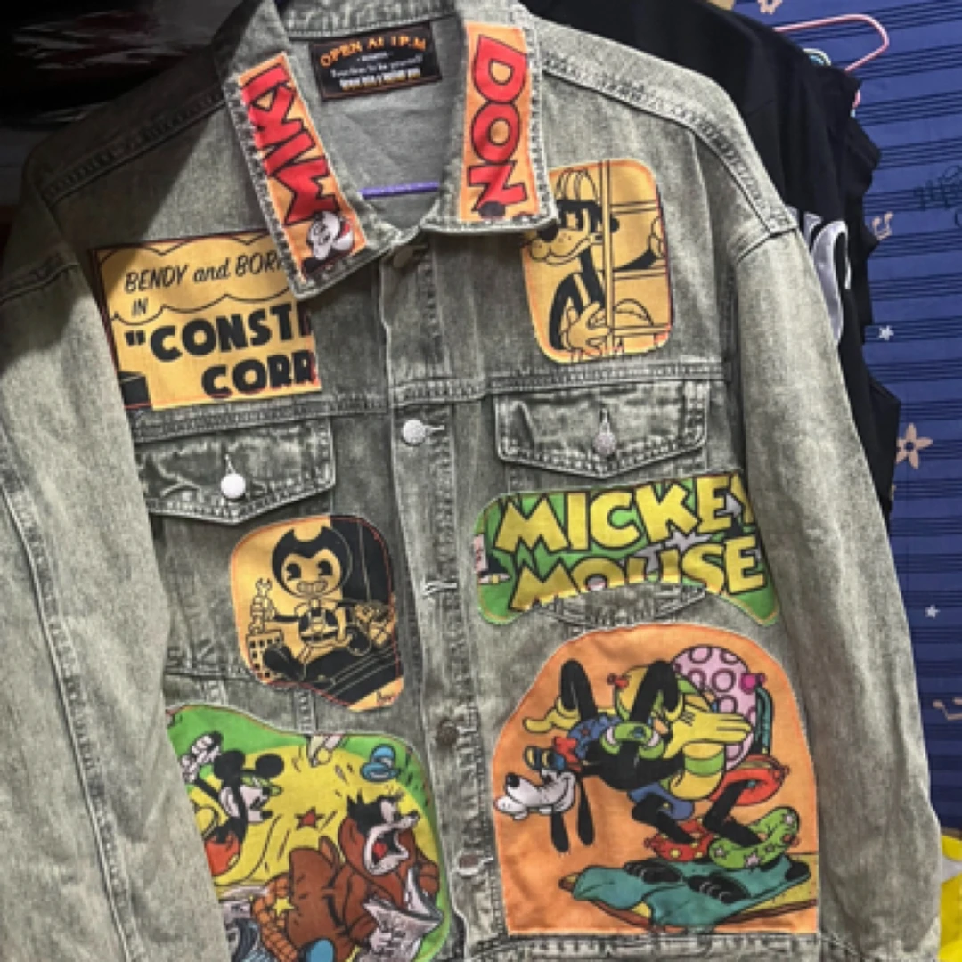 拍编码1-50米老鼠涂鸦修身牛仔夹克痞帅嘻哈破洞外套潮流