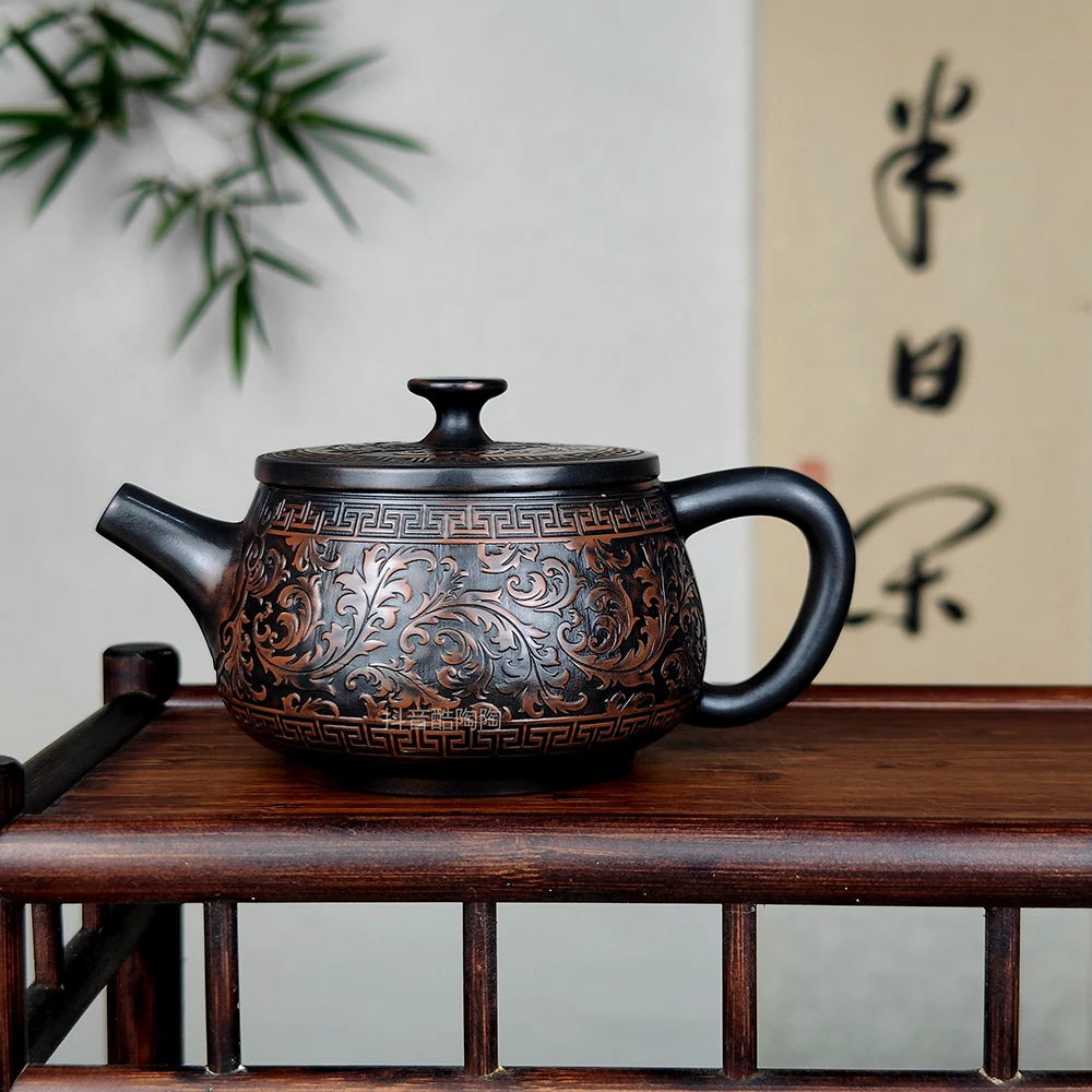 紫陶复古大容量薄胎汉瓦壶建水家用精美井栏壶高石瓢雕刻紫茄泥