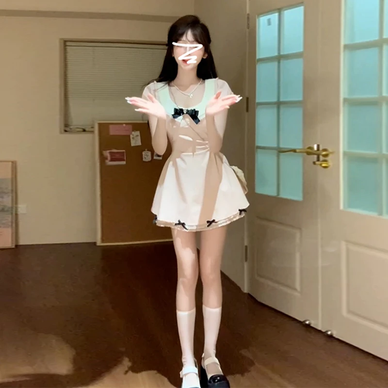 4350蝴蝶结学院风蓝色连衣裙子夏季小个子收腰蓬蓬短裙