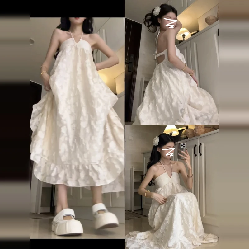 4909白色露背挂脖吊带连衣裙子女早秋季小众设计纯欲气质长裙