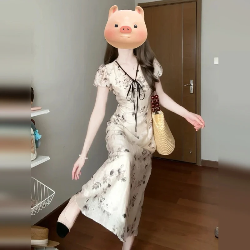 4046新中式国风水墨画v领碎花连衣裙子女夏季高级感气质长裙