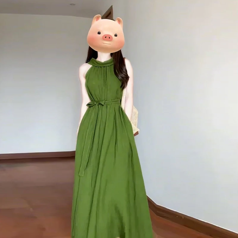 1878连衣裙子女夏季设计感懒惰宽松长款亚麻无袖挂脖衬衫长裙