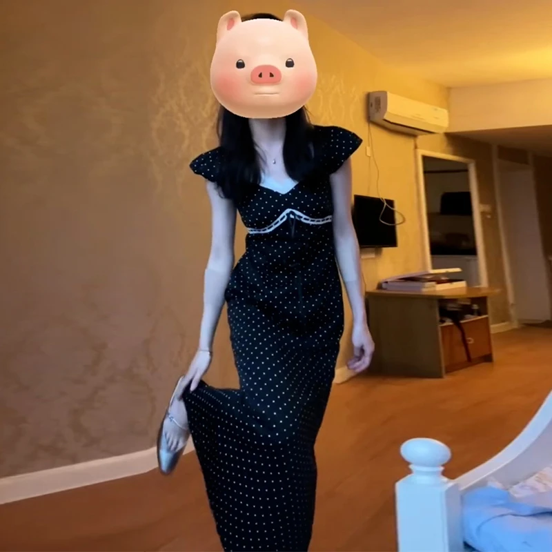 1582茶歇法式黑色遮肉显瘦波点连衣裙子夏款气质绝美包臀长裙