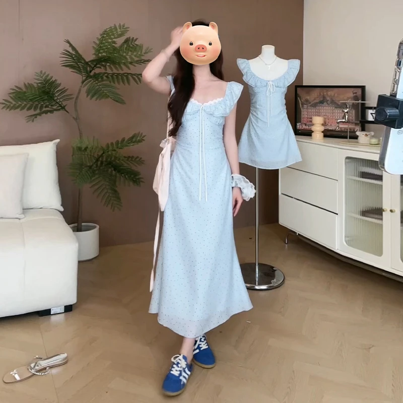 4420蓝色波点小个子连衣裙夏2024新款包臀法式气质小飞袖鱼尾长裙