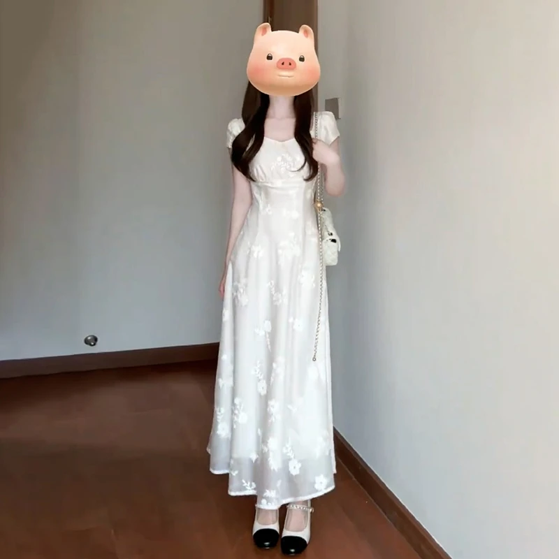 2988法式白色初恋方领连衣裙夏季新款设计感小众收腰显瘦长裙子