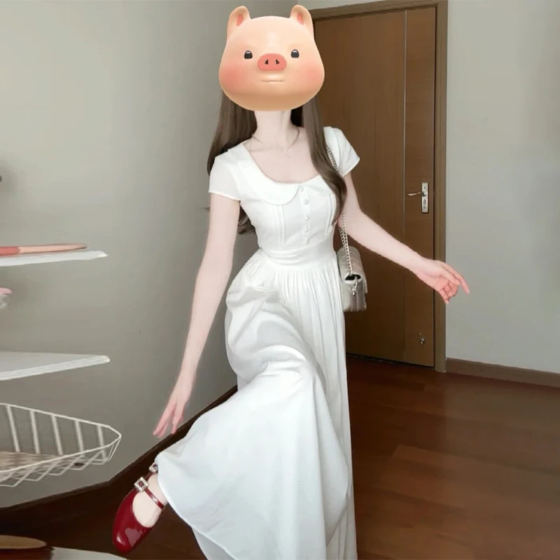 3642娃娃领法式白色连衣裙子女夏季温柔风高级感气质收腰长裙