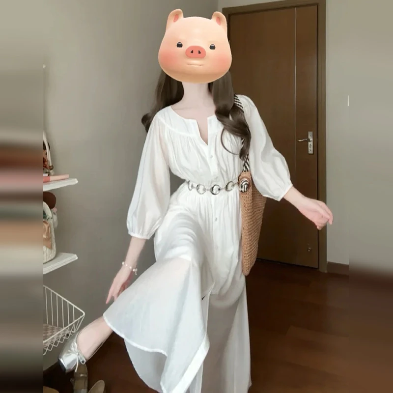 3947法式白色v领连衣裙早秋新款设计感收腰显瘦温柔风气质长裙