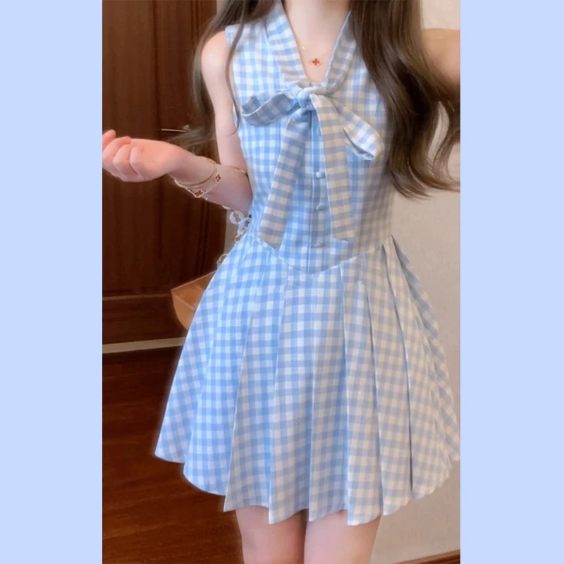 4145小个子法式蓝色无袖v领格子连衣裙子女夏季公主百褶短裙