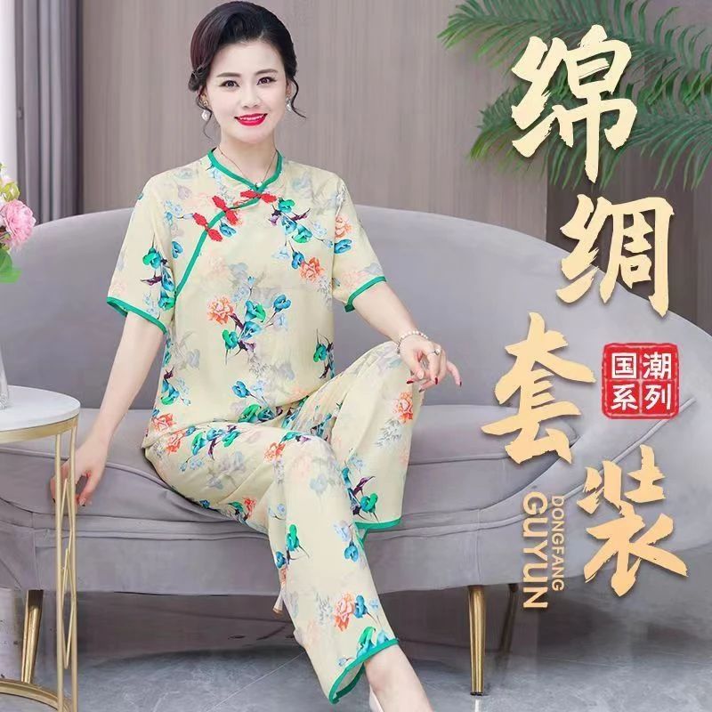 夏季薄款绵绸套装时尚国潮民族风妈妈装女士宽松复古中式两件套