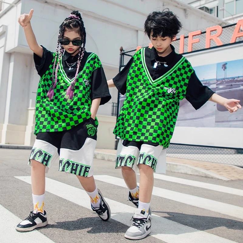 街舞儿童潮服酷帅男孩短袖hiphop演出服童装女童架子鼓舞台表演服